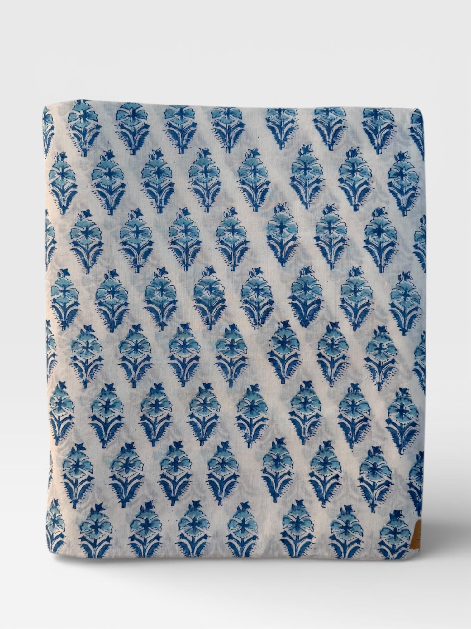 Hand Block Print Cotton Fabric – Blue Floral Buta on Off-White Base | Indian Cotton Dressmaking Fabric | Boho Sewing & Craft Yardage
