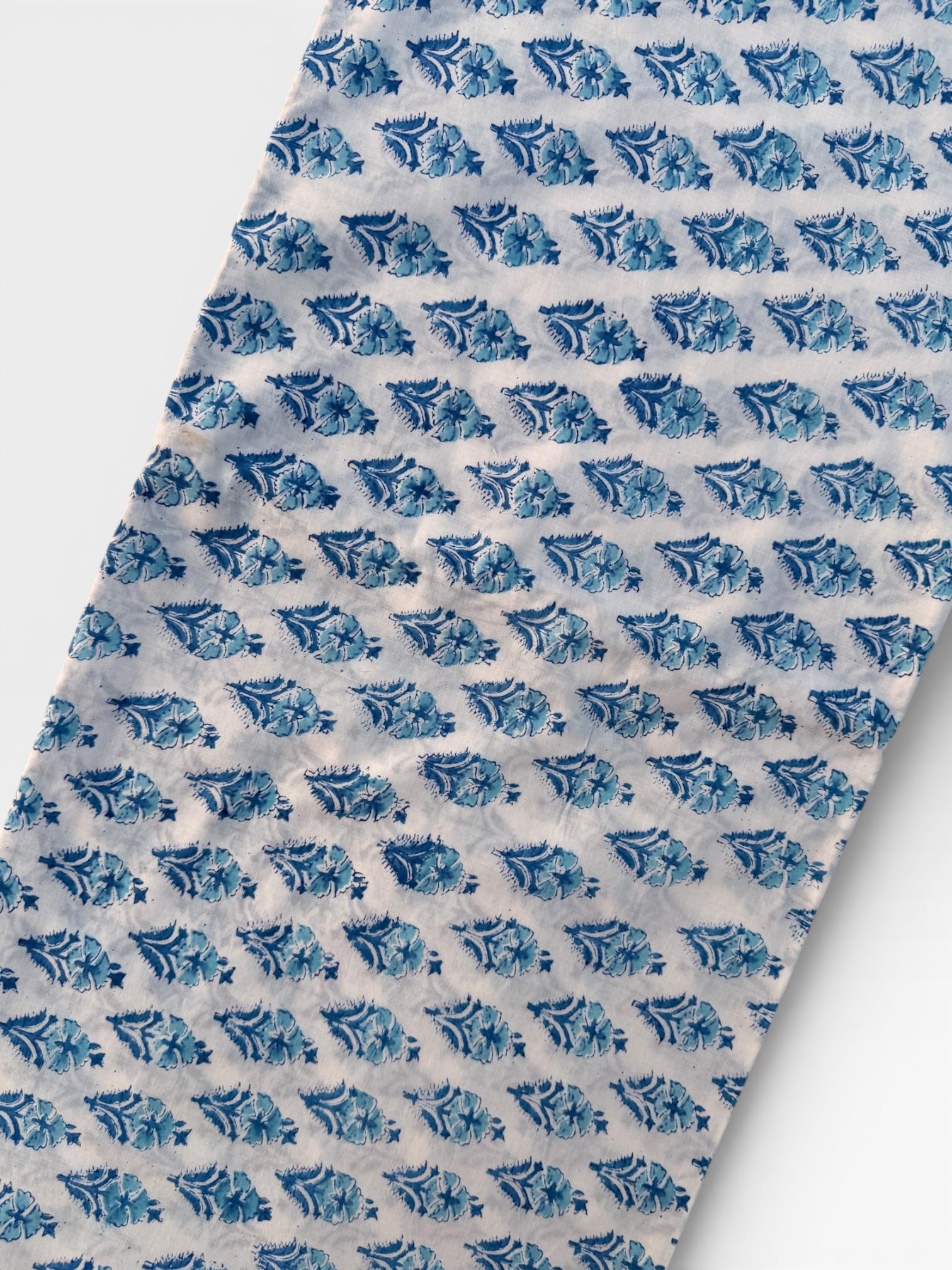 Hand Block Print Cotton Fabric – Blue Floral Buta on Off-White Base | Indian Cotton Dressmaking Fabric | Boho Sewing & Craft Yardage