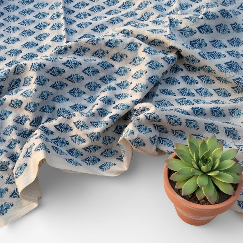 Hand Block Print Cotton Fabric – Blue Floral Buta on Off-White Base | Indian Cotton Dressmaking Fabric | Boho Sewing & Craft Yardage