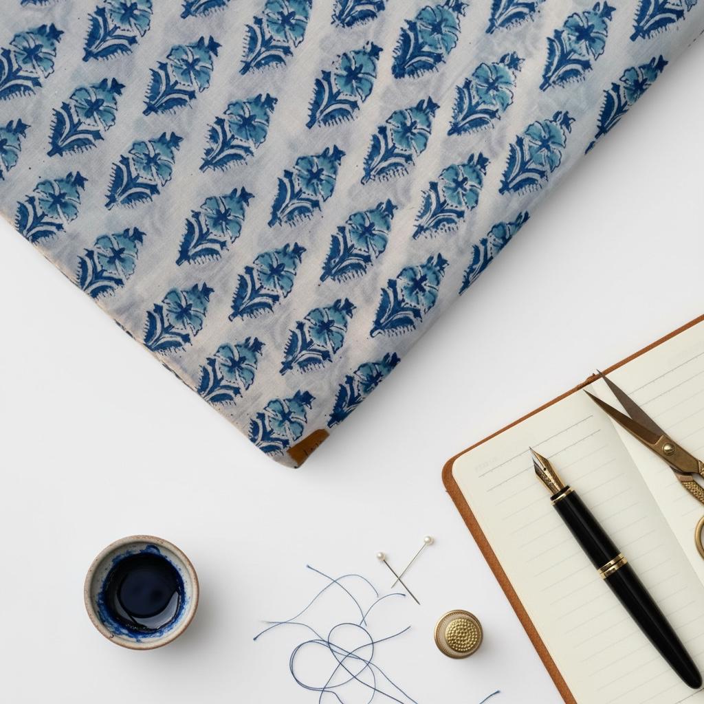 Hand Block Print Cotton Fabric – Blue Floral Buta on Off-White Base | Indian Cotton Dressmaking Fabric | Boho Sewing & Craft Yardage
