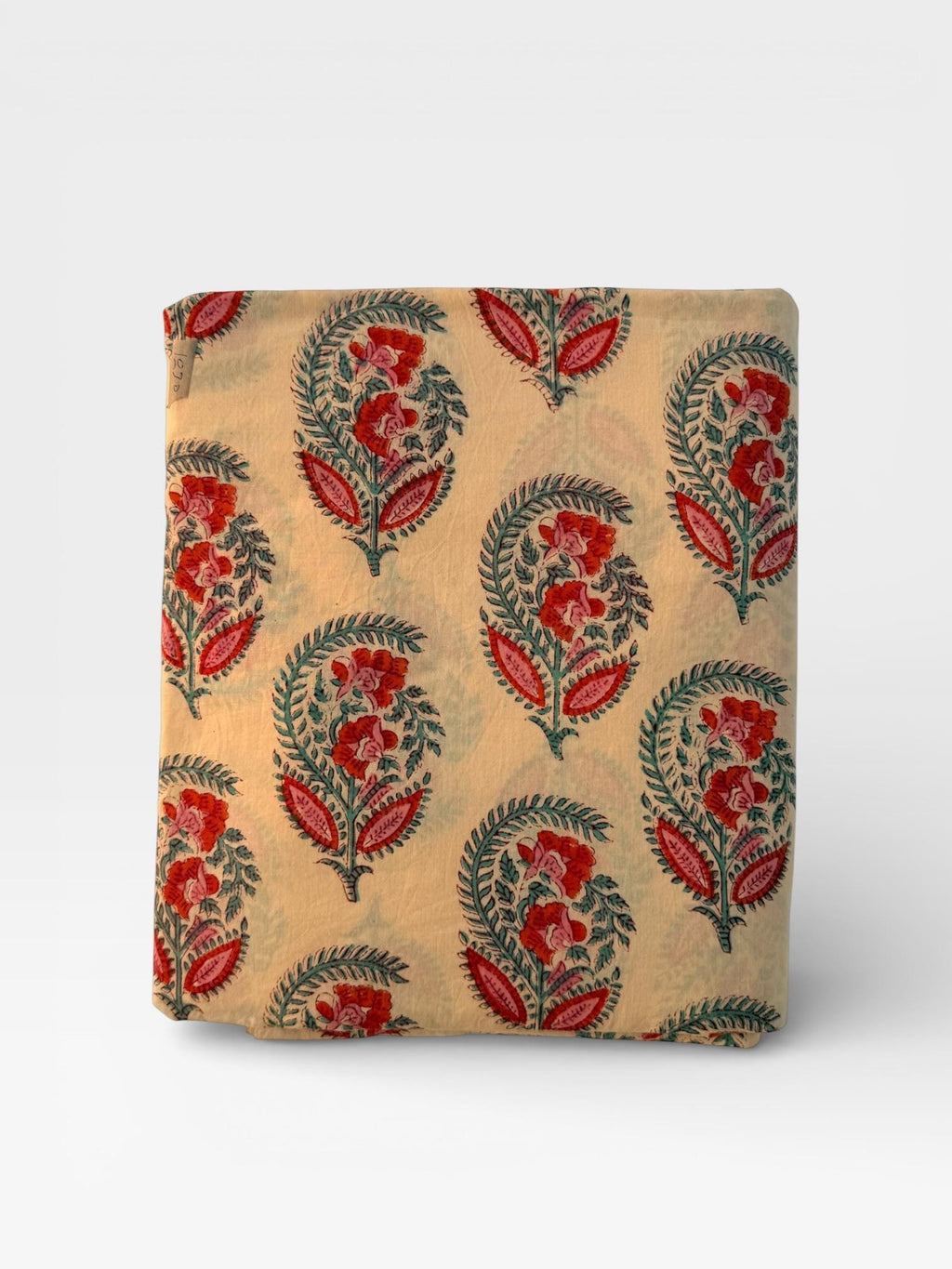 Hand Block Print Dyed Cotton Fabric – Red & Teal Paisley Floral on Cream Base | Indian Buta Print Dressmaking Fabric | Boho Sewing Yardage