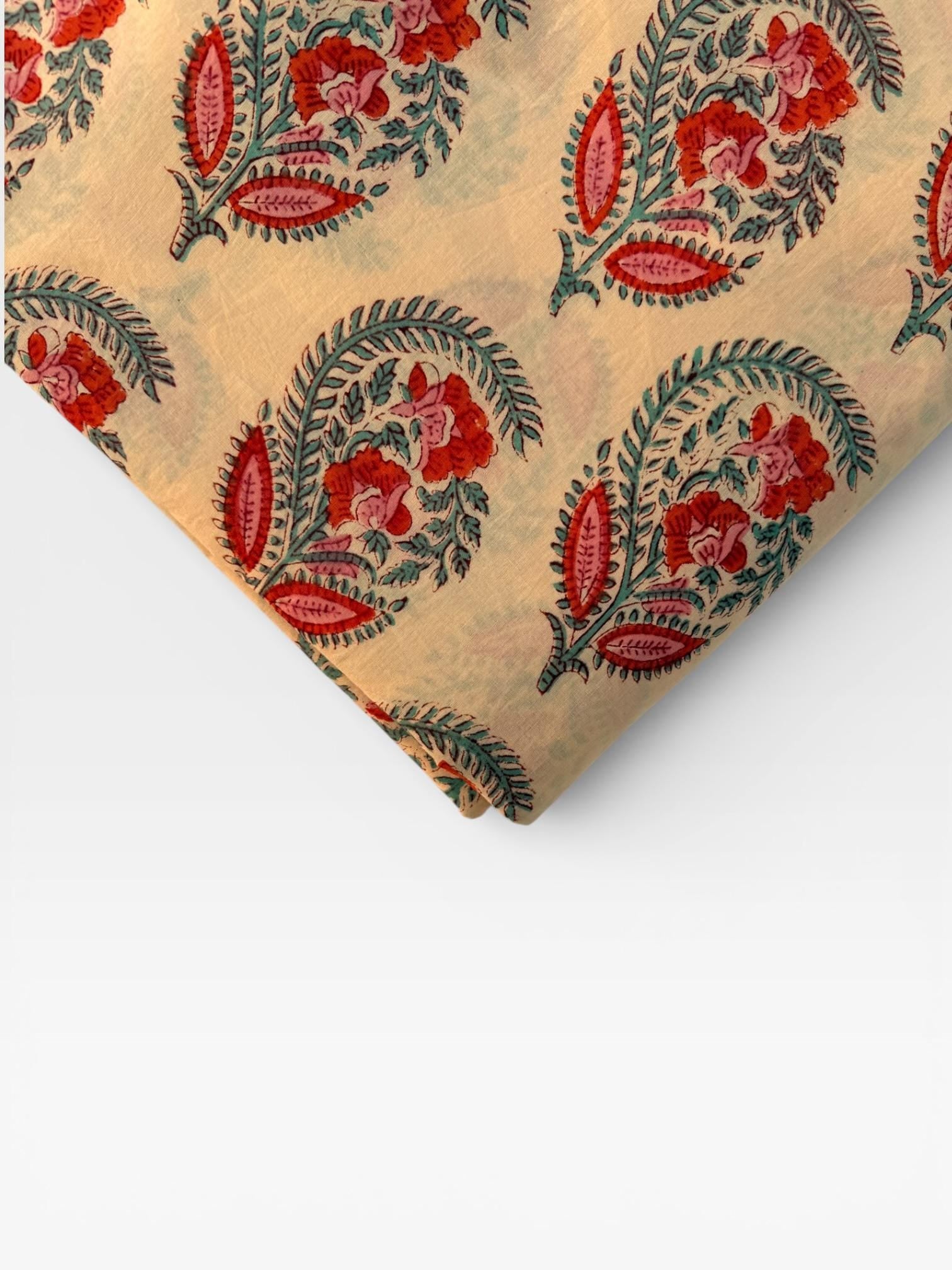 Hand Block Print Dyed Cotton Fabric – Red & Teal Paisley Floral on Cream Base | Indian Buta Print Dressmaking Fabric | Boho Sewing Yardage