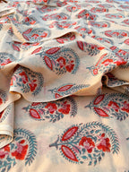 Hand Block Print Dyed Cotton Fabric – Red & Teal Paisley Floral on Cream Base | Indian Buta Print Dressmaking Fabric | Boho Sewing Yardage