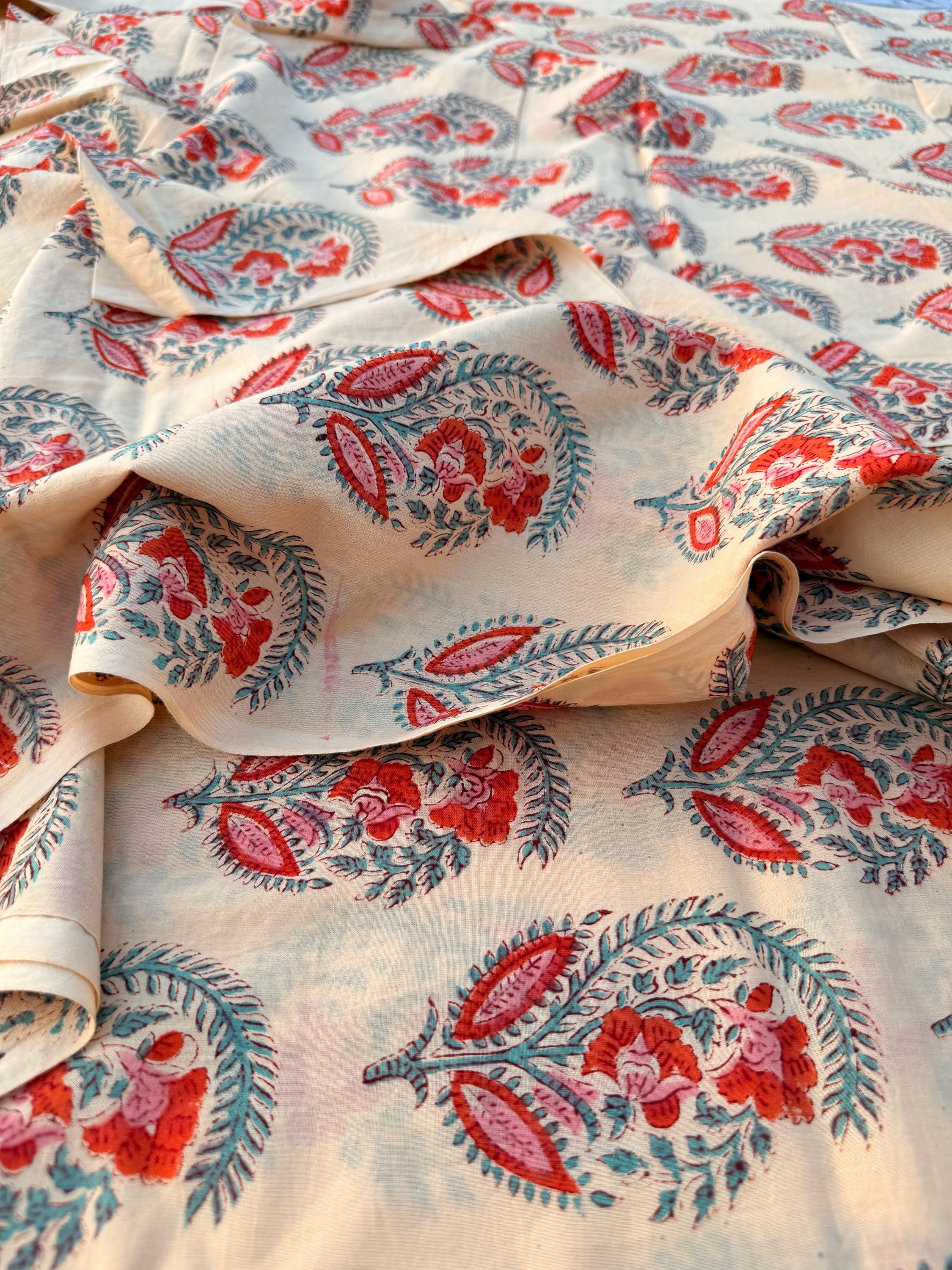 Hand Block Print Dyed Cotton Fabric – Red & Teal Paisley Floral on Cream Base | Indian Buta Print Dressmaking Fabric | Boho Sewing Yardage