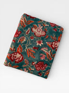 Hand Block Print Dyed Cotton Fabric – Vintage Red Floral on Slate Blue Base | Indian Floral Yardage | Boho Dressmaking & Home Décor Fabric