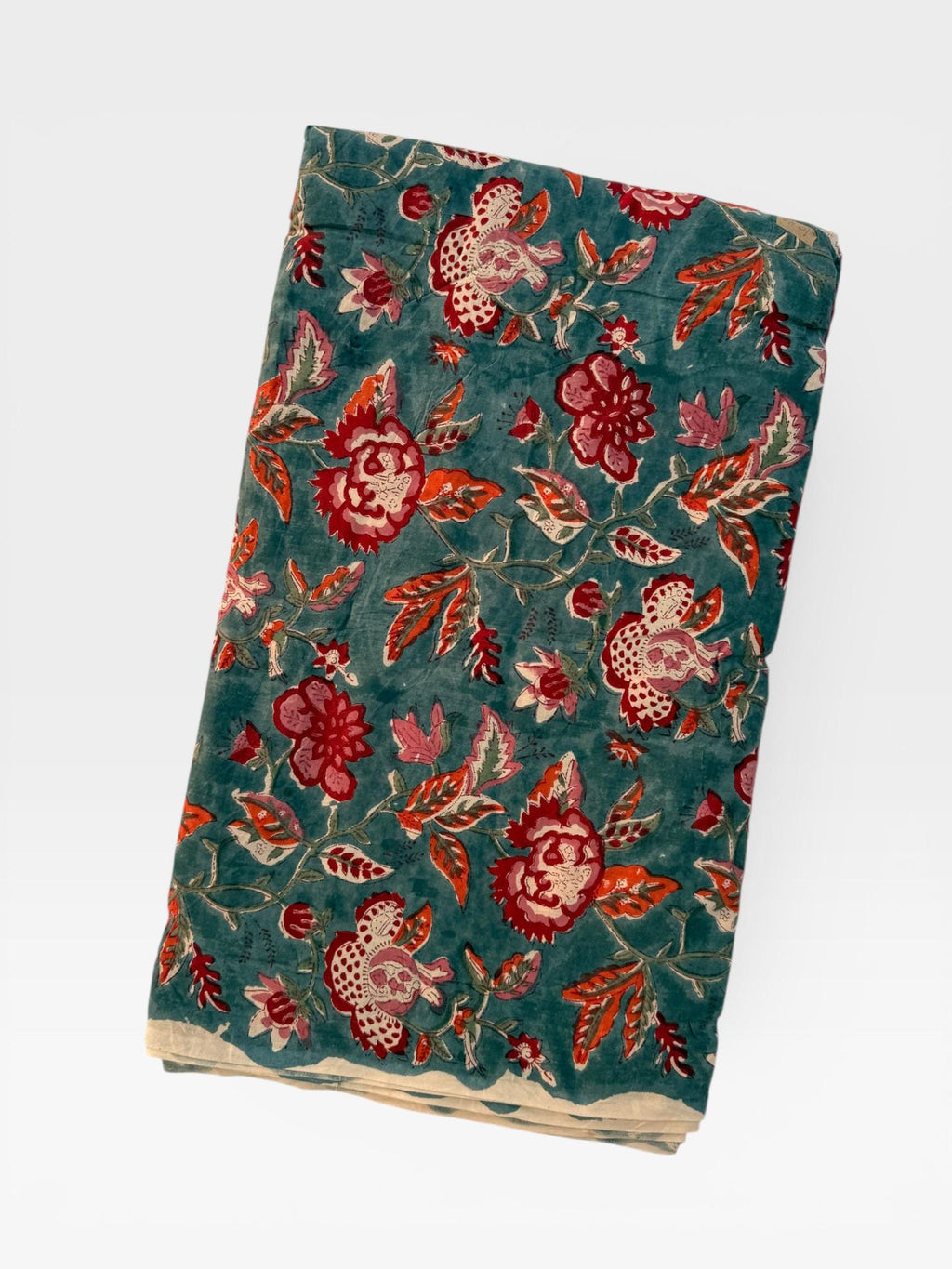 Hand Block Print Dyed Cotton Fabric – Vintage Red Floral on Slate Blue Base | Indian Floral Yardage | Boho Dressmaking & Home Décor Fabric