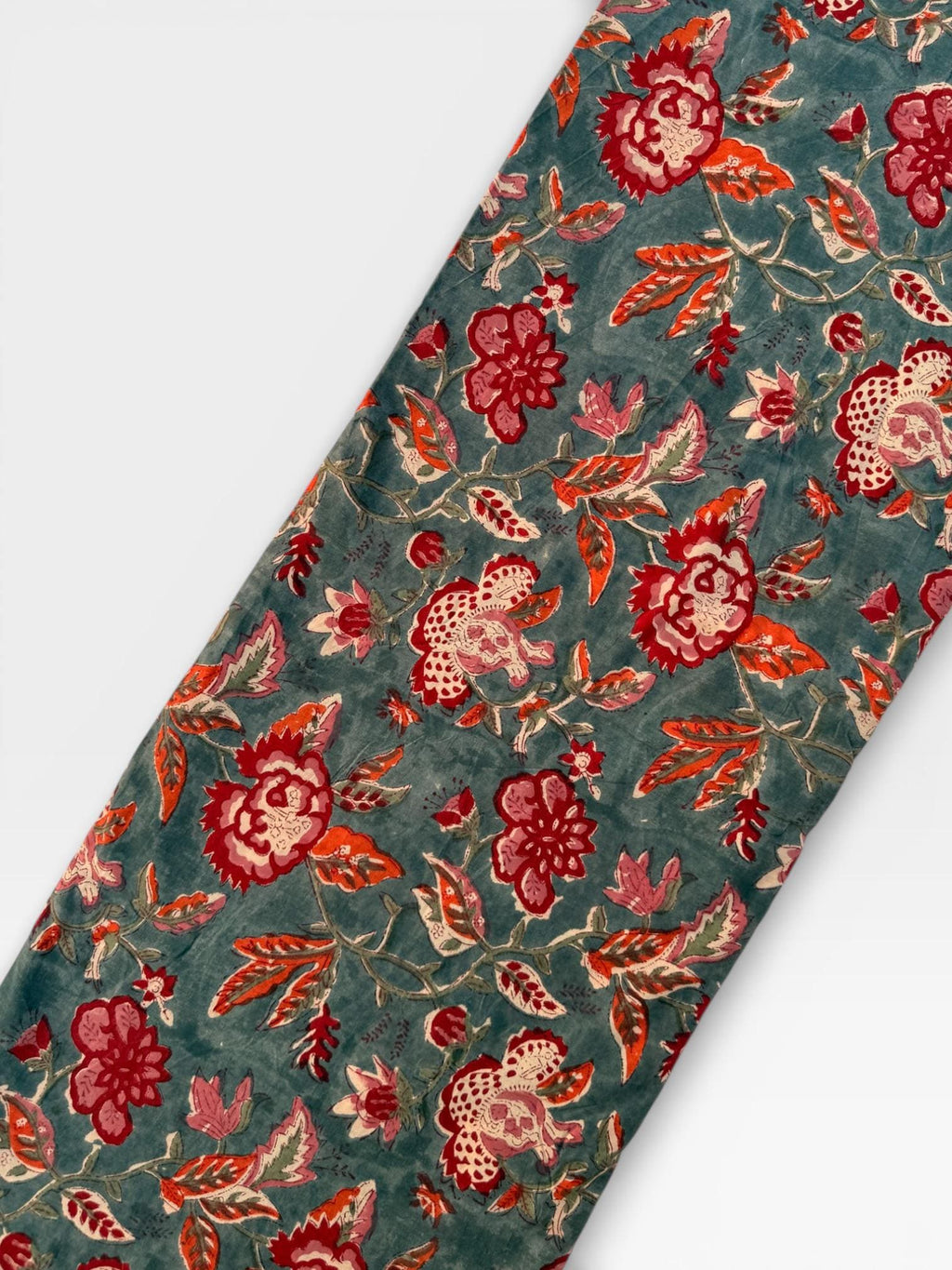 Hand Block Print Dyed Cotton Fabric – Vintage Red Floral on Slate Blue Base | Indian Floral Yardage | Boho Dressmaking & Home Décor Fabric