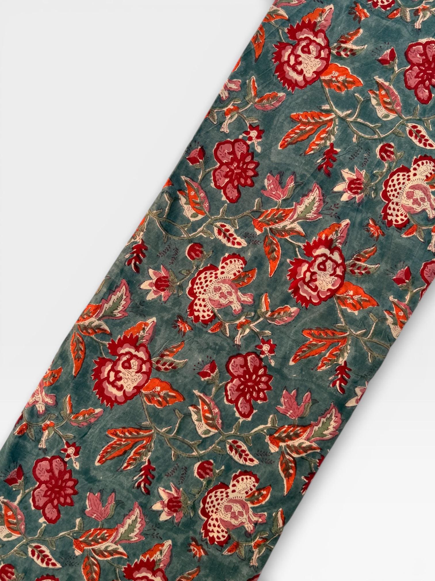 Hand Block Print Dyed Cotton Fabric – Vintage Red Floral on Slate Blue Base | Indian Floral Yardage | Boho Dressmaking & Home Décor Fabric