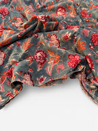 Hand Block Print Dyed Cotton Fabric – Vintage Red Floral on Slate Blue Base | Indian Floral Yardage | Boho Dressmaking & Home Décor Fabric