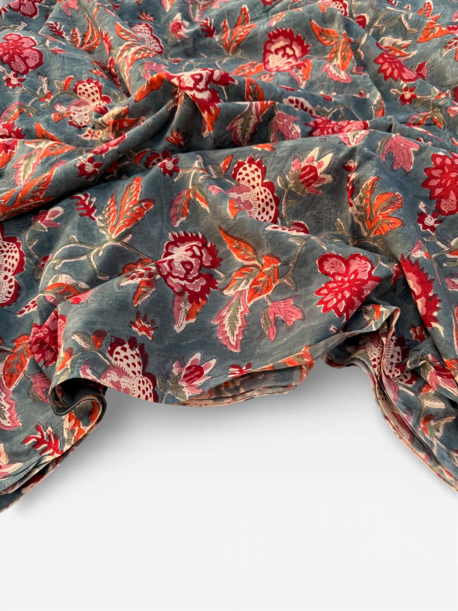 Hand Block Print Dyed Cotton Fabric – Vintage Red Floral on Slate Blue Base | Indian Floral Yardage | Boho Dressmaking & Home Décor Fabric