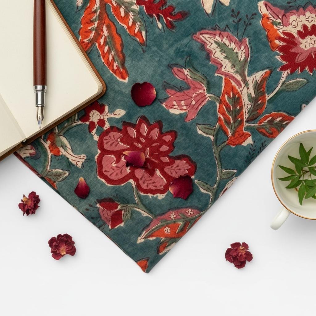 Hand Block Print Dyed Cotton Fabric – Vintage Red Floral on Slate Blue Base | Indian Floral Yardage | Boho Dressmaking & Home Décor Fabric