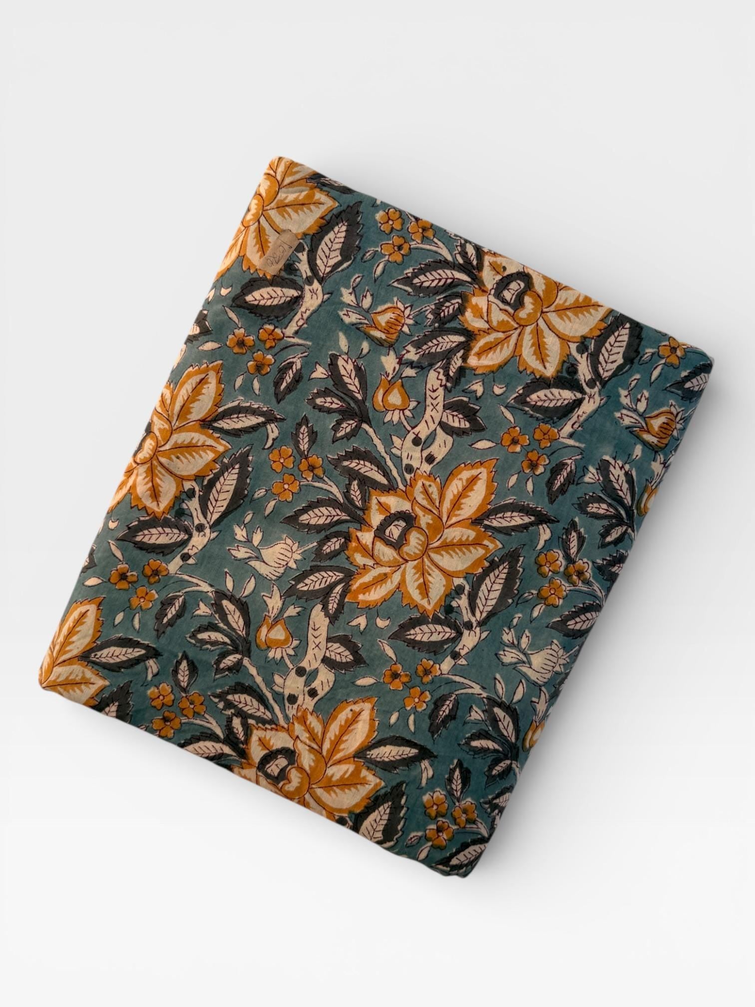 Hand Block Print Cotton Fabric – Mustard Yellow Floral on Teal Blue Base | Indian Botanical Print Yardage | Boho Dressmaking Fabric