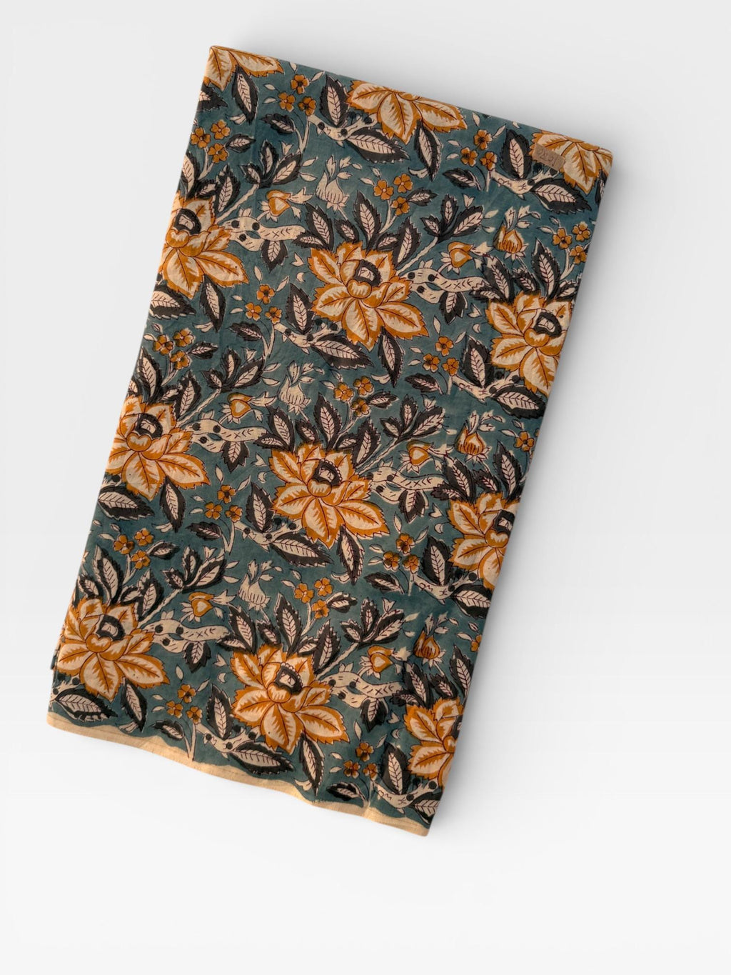 Hand Block Print Cotton Fabric – Mustard Yellow Floral on Teal Blue Base | Indian Botanical Print Yardage | Boho Dressmaking Fabric
