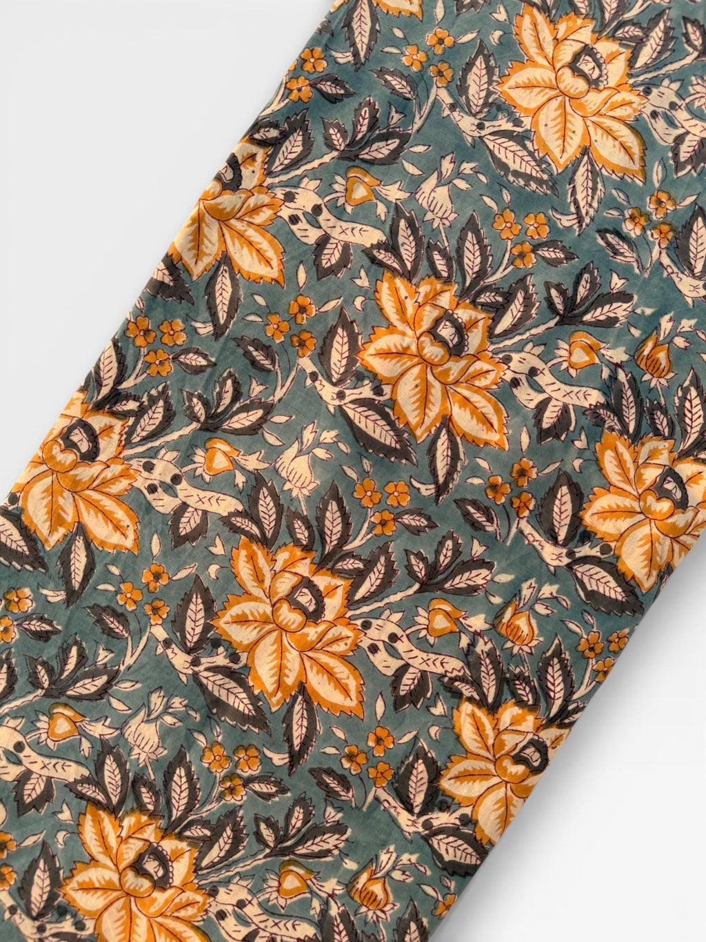 Hand Block Print Cotton Fabric – Mustard Yellow Floral on Teal Blue Base | Indian Botanical Print Yardage | Boho Dressmaking Fabric