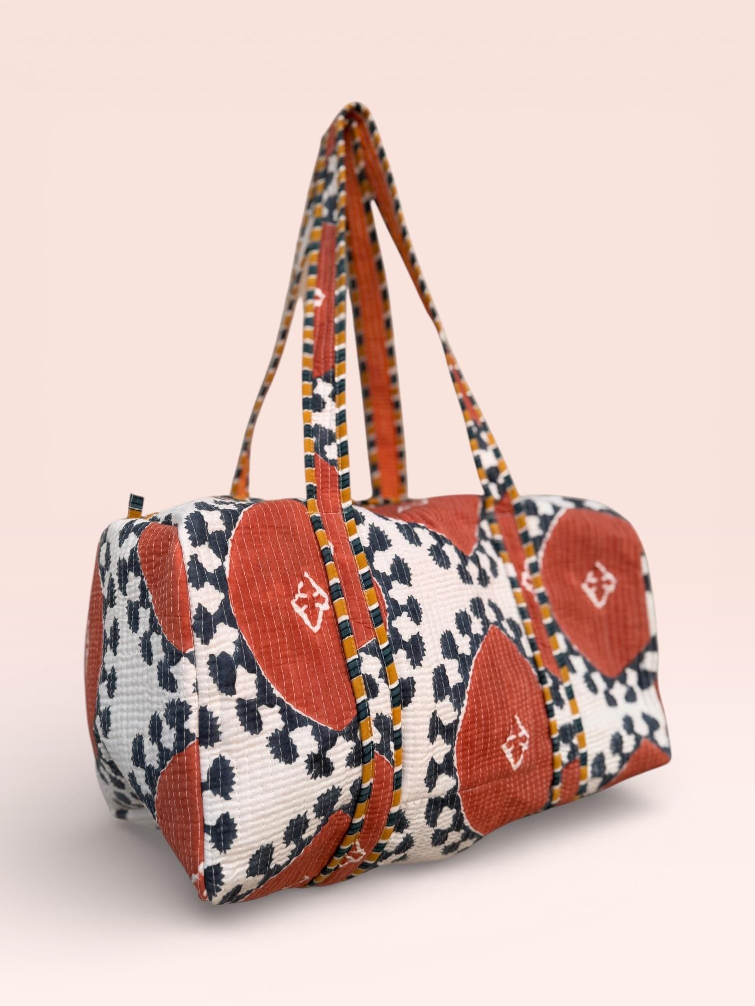 Handmade Jaipuri Block Print Duffle Bag – Quilted Cotton Weekender Bag – Floral Travel Bag – Indian Blockprint Overnight Bag – Gift for Her