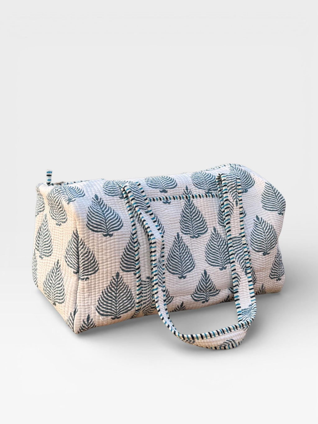 Handmade Cotton Block Print Duffle Bag – Blue Leaf Print Quilted Weekender Bag – Indian Jaipuri Travel Tote – Overnight Gym Bag