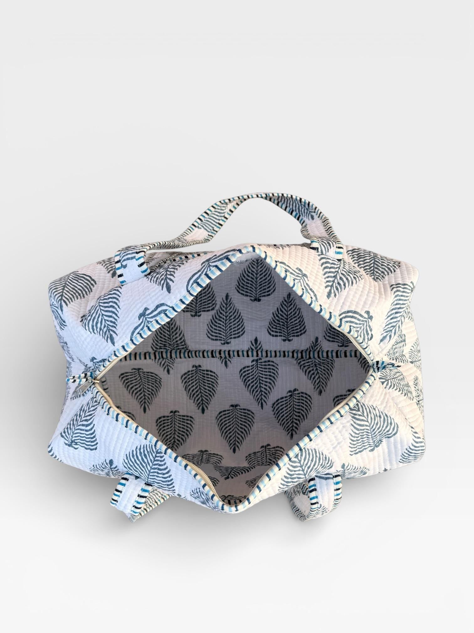 Handmade Cotton Block Print Duffle Bag – Blue Leaf Print Quilted Weekender Bag – Indian Jaipuri Travel Tote – Overnight Gym Bag