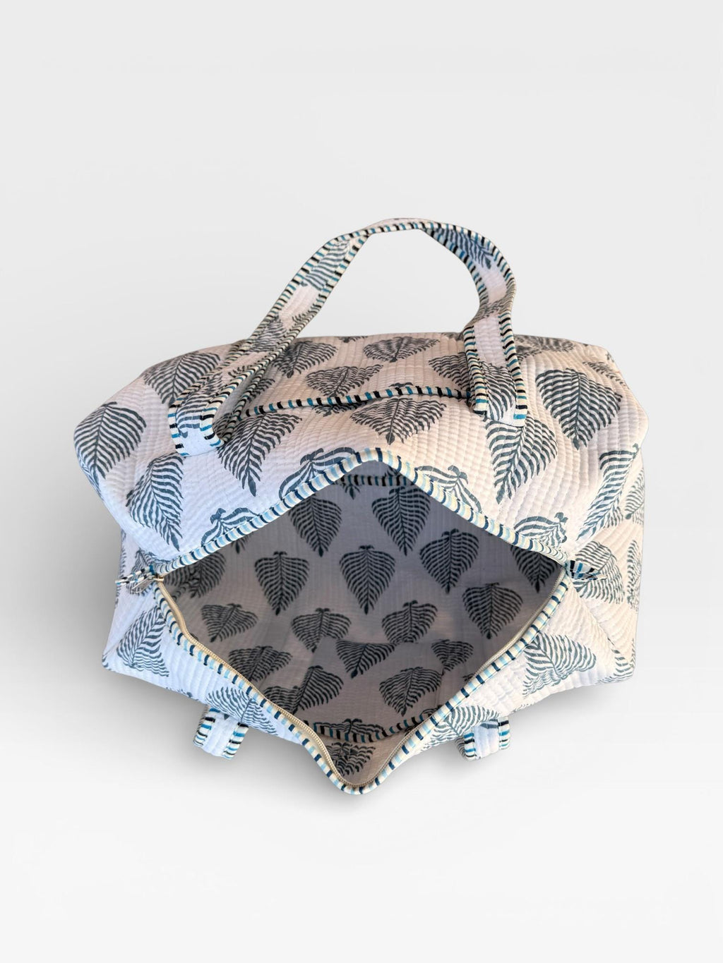 Handmade Cotton Block Print Duffle Bag – Blue Leaf Print Quilted Weekender Bag – Indian Jaipuri Travel Tote – Overnight Gym Bag