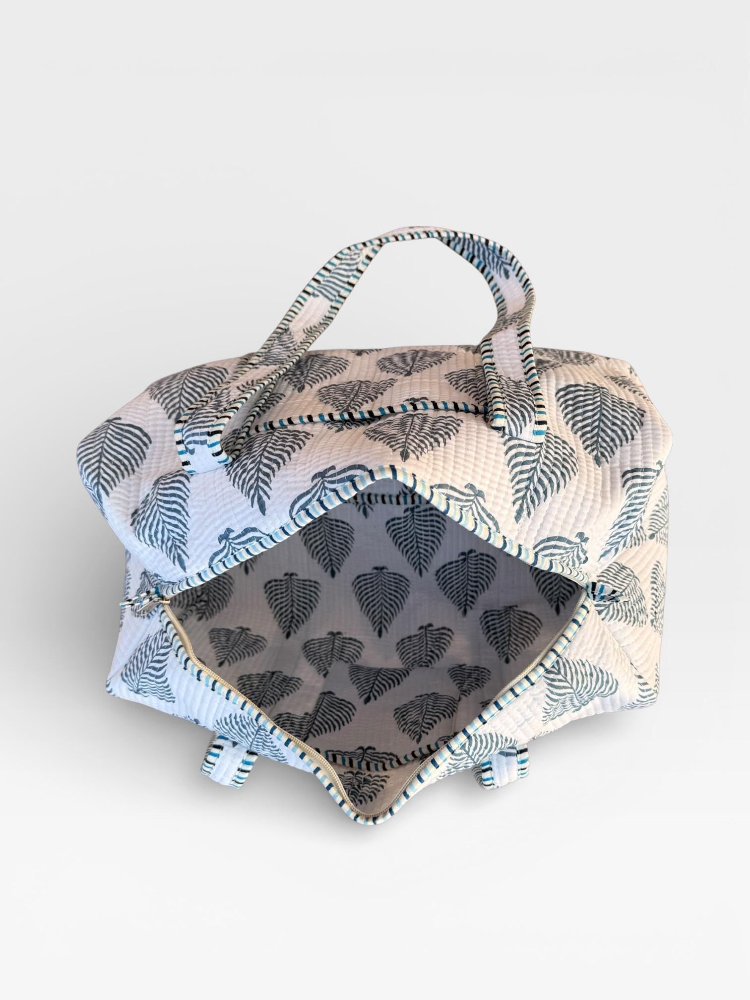 Handmade Cotton Block Print Duffle Bag – Blue Leaf Print Quilted Weekender Bag – Indian Jaipuri Travel Tote – Overnight Gym Bag