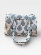 Handmade Cotton Block Print Duffle Bag – Blue Leaf Print Quilted Weekender Bag – Indian Jaipuri Travel Tote – Overnight Gym Bag