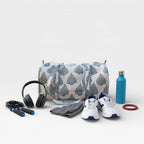 Handmade Cotton Block Print Duffle Bag – Blue Leaf Print Quilted Weekender Bag – Indian Jaipuri Travel Tote – Overnight Gym Bag