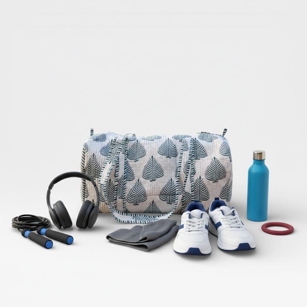 Handmade Cotton Block Print Duffle Bag – Blue Leaf Print Quilted Weekender Bag – Indian Jaipuri Travel Tote – Overnight Gym Bag