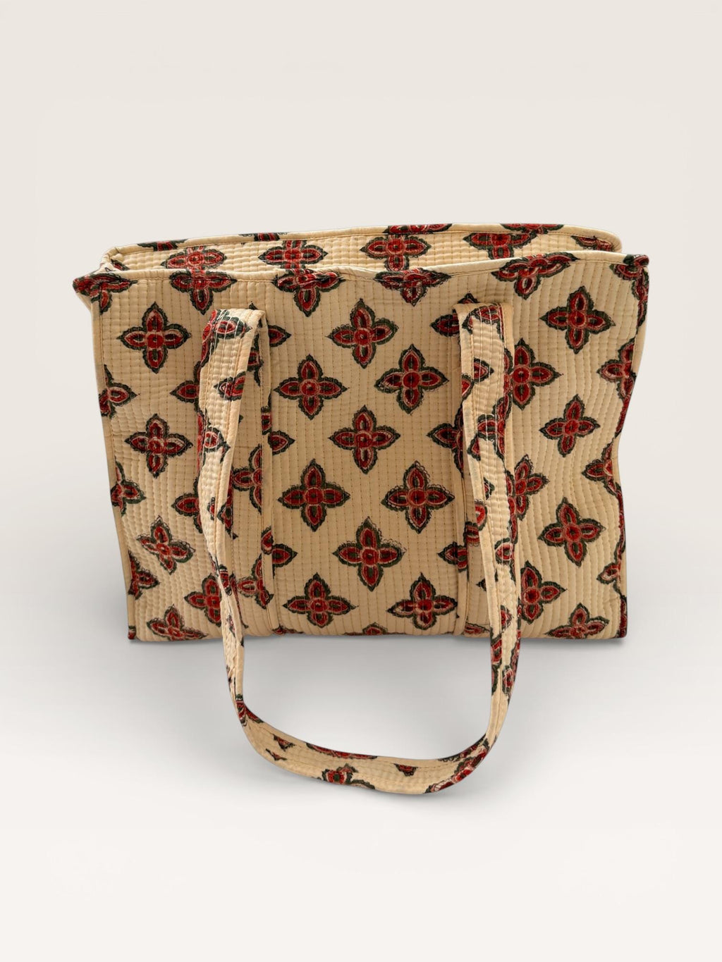 Handmade Block Print Quilted Tote Bag – Beige Cotton Floral Handbag – Indian Blockprint Shoulder Bag – Everyday Eco Friendly Market Bag