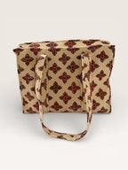 Handmade Block Print Quilted Tote Bag – Beige Cotton Floral Handbag – Indian Blockprint Shoulder Bag – Everyday Eco Friendly Market Bag