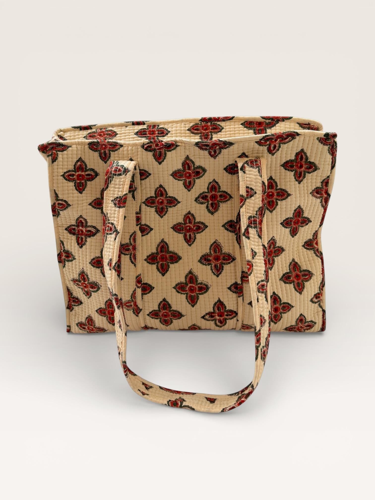 Handmade Block Print Quilted Tote Bag – Beige Cotton Floral Handbag – Indian Blockprint Shoulder Bag – Everyday Eco Friendly Market Bag
