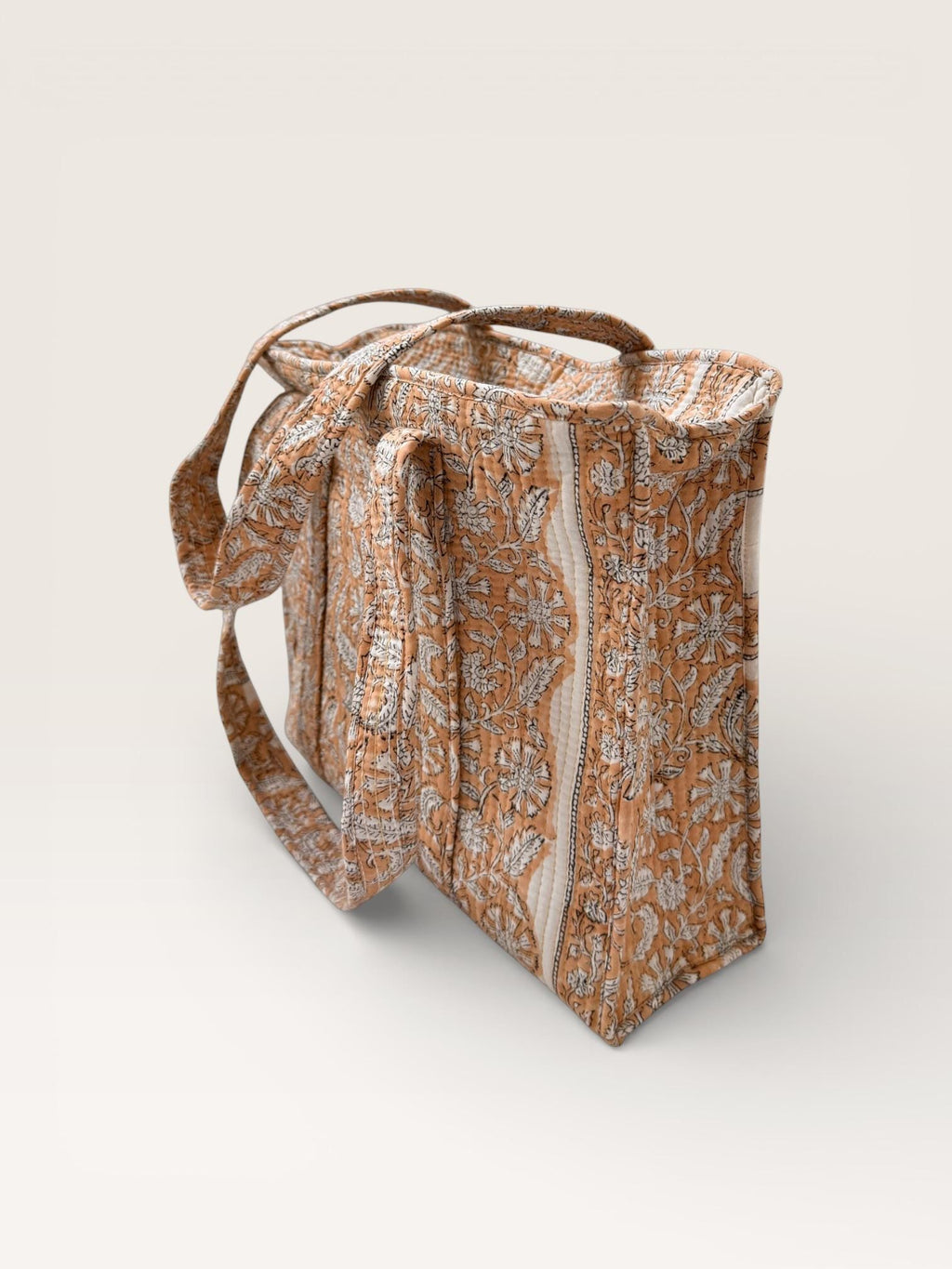 Handmade Block Print Cotton Tote Bag – Brown Floral Indian Handbag – Quilted Shoulder Bag – Eco Friendly Market & Everyday Tote