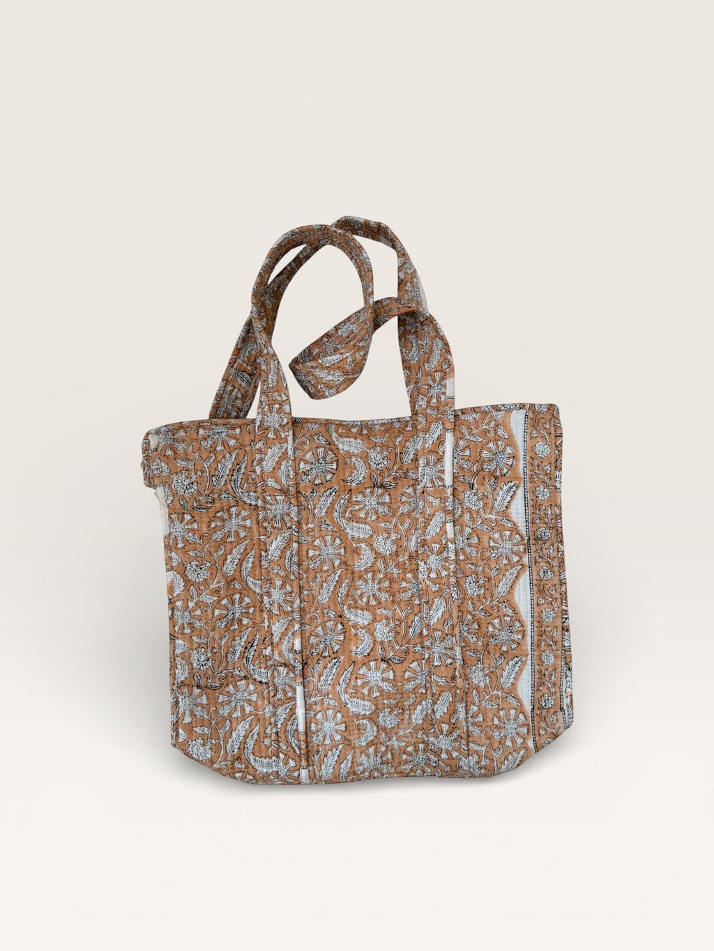 Handmade Block Print Cotton Tote Bag – Brown Floral Indian Handbag – Quilted Shoulder Bag – Eco Friendly Market & Everyday Tote