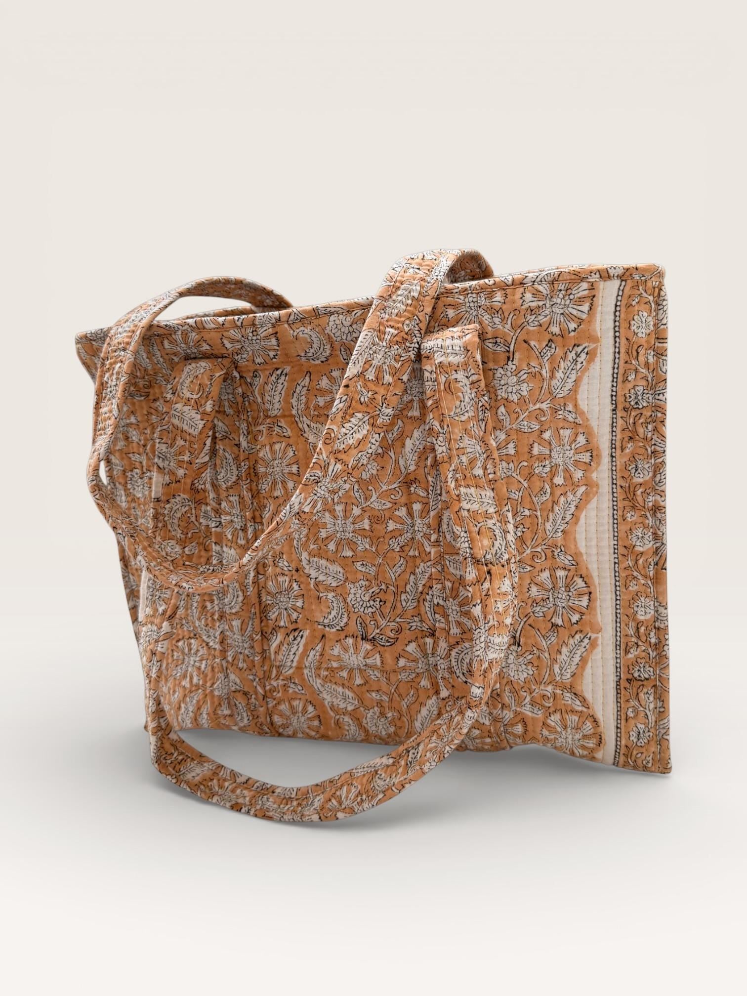 Handmade Block Print Cotton Tote Bag – Brown Floral Indian Handbag – Quilted Shoulder Bag – Eco Friendly Market & Everyday Tote