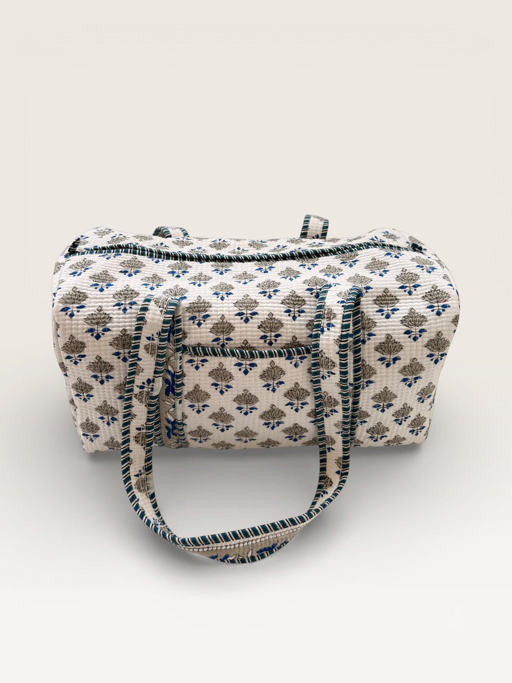 Handmade Block Print Quilted Duffle Bag – Blue & Grey Cotton Weekender Bag – Indian Floral Travel Bag – Overnight Carry On Gym Bag
