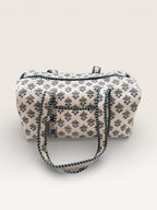 Handmade Block Print Quilted Duffle Bag – Blue & Grey Cotton Weekender Bag – Indian Floral Travel Bag – Overnight Carry On Gym Bag