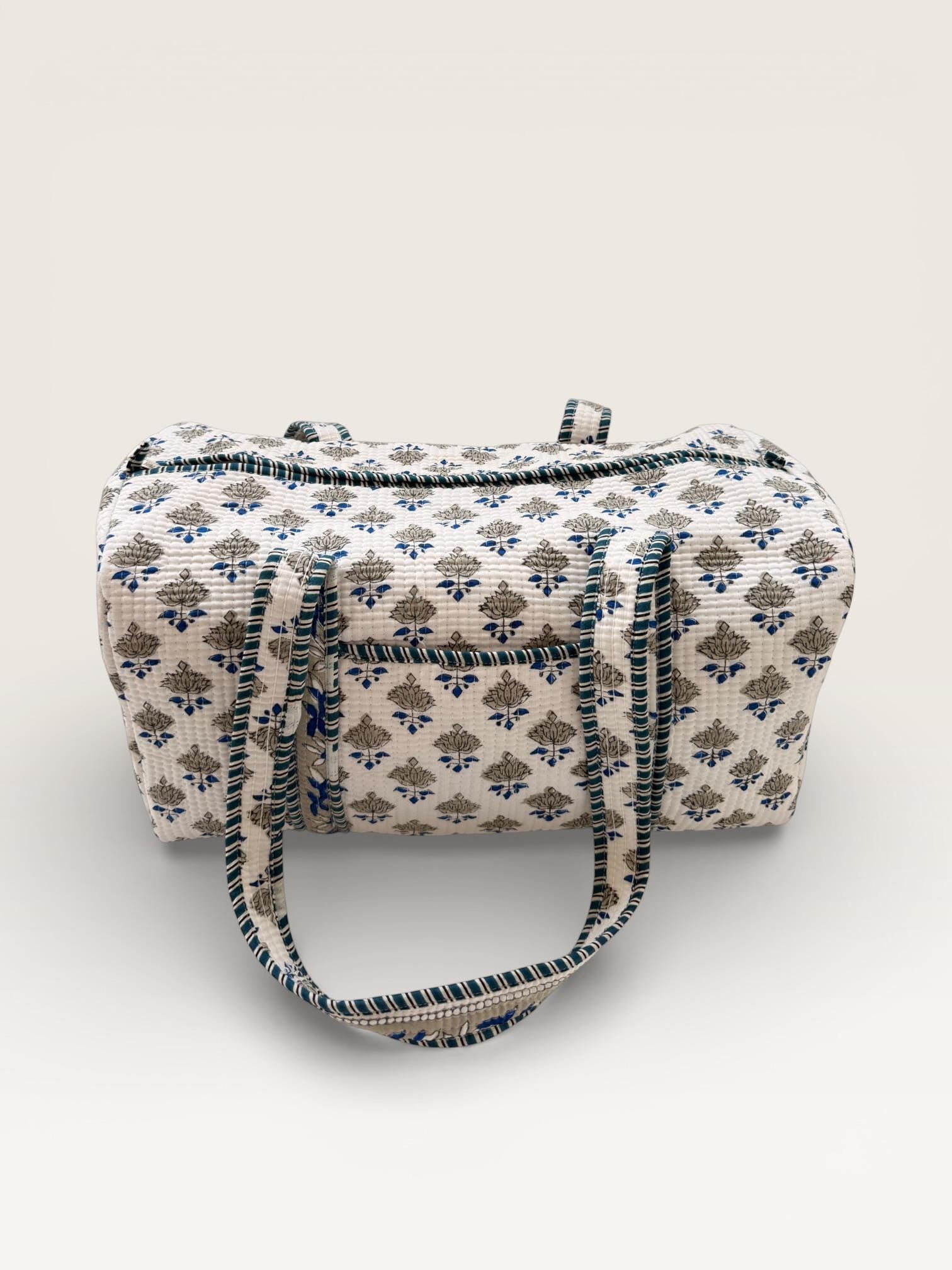 Handmade Block Print Quilted Duffle Bag – Blue & Grey Cotton Weekender Bag – Indian Floral Travel Bag – Overnight Carry On Gym Bag
