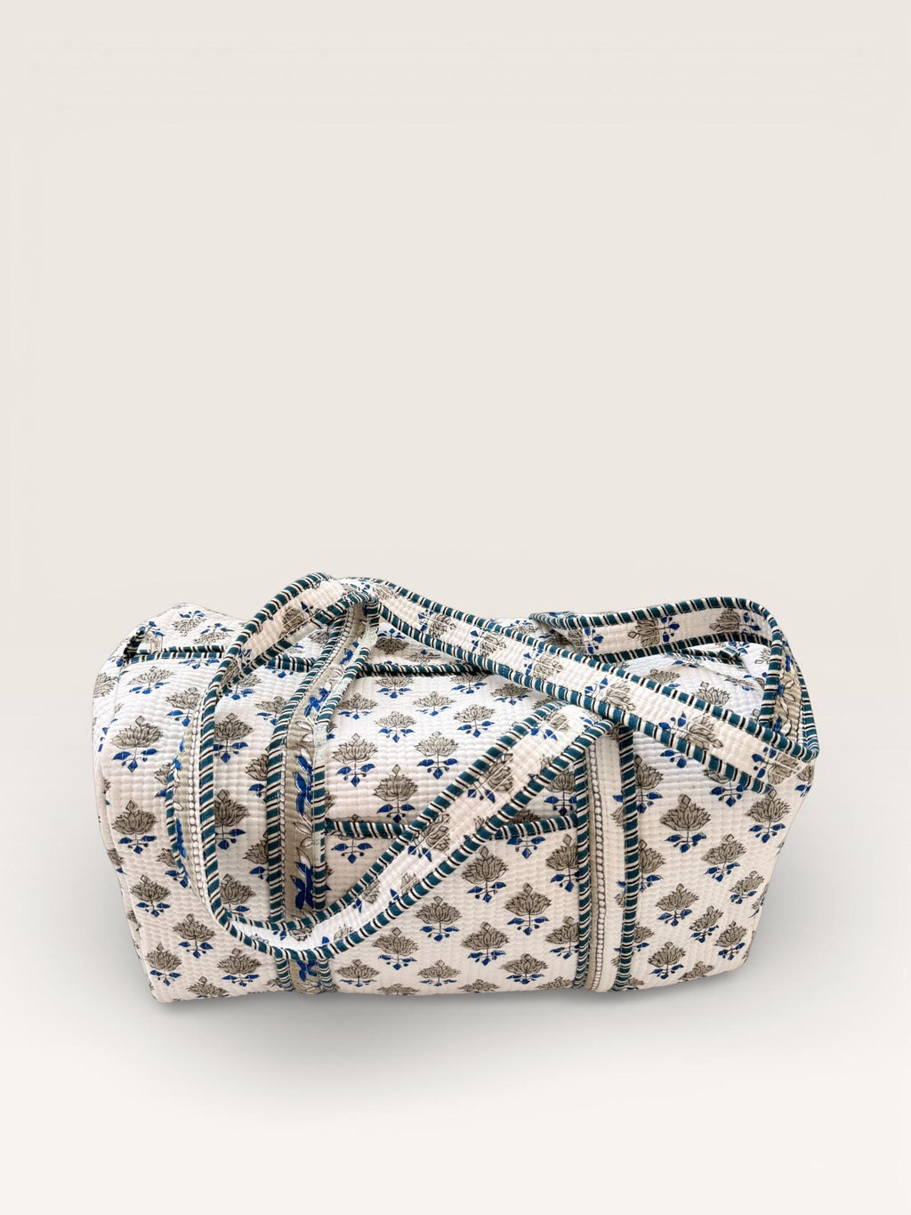 Handmade Block Print Quilted Duffle Bag – Blue & Grey Cotton Weekender Bag – Indian Floral Travel Bag – Overnight Carry On Gym Bag