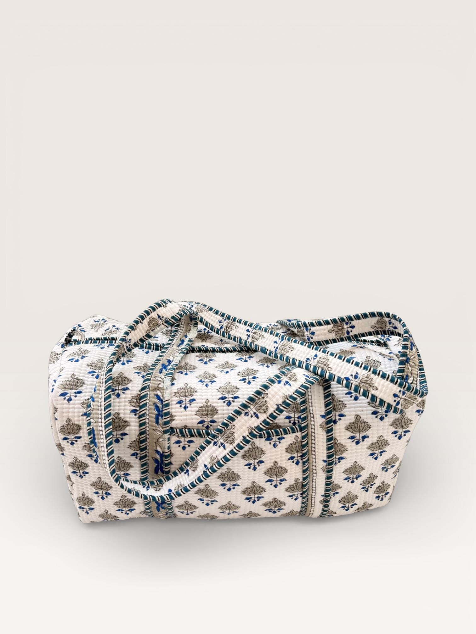 Handmade Block Print Quilted Duffle Bag – Blue & Grey Cotton Weekender Bag – Indian Floral Travel Bag – Overnight Carry On Gym Bag