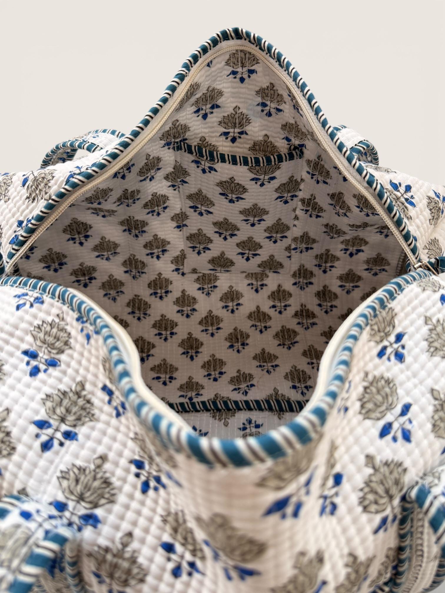 Handmade Block Print Quilted Duffle Bag – Blue & Grey Cotton Weekender Bag – Indian Floral Travel Bag – Overnight Carry On Gym Bag