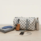 Handmade Block Print Quilted Duffle Bag – Blue & Grey Cotton Weekender Bag – Indian Floral Travel Bag – Overnight Carry On Gym Bag