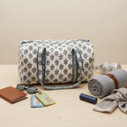 Handmade Block Print Quilted Duffle Bag – Blue & Grey Cotton Weekender Bag – Indian Floral Travel Bag – Overnight Carry On Gym Bag