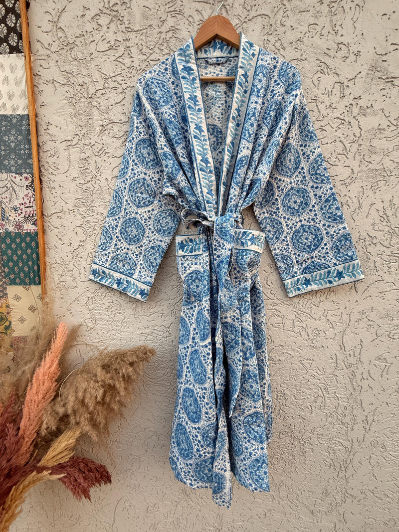 Blue & White Block Print Cotton Waffle Bathrobe – Handmade Jaipuri Kimono Robe – Lightweight  Dressing Gown – Bridesmaid Gift – Spa Robe