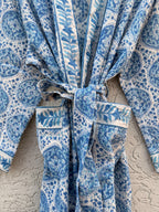 Blue & White Block Print Cotton Waffle Bathrobe – Handmade Jaipuri Kimono Robe – Lightweight  Dressing Gown – Bridesmaid Gift – Spa Robe