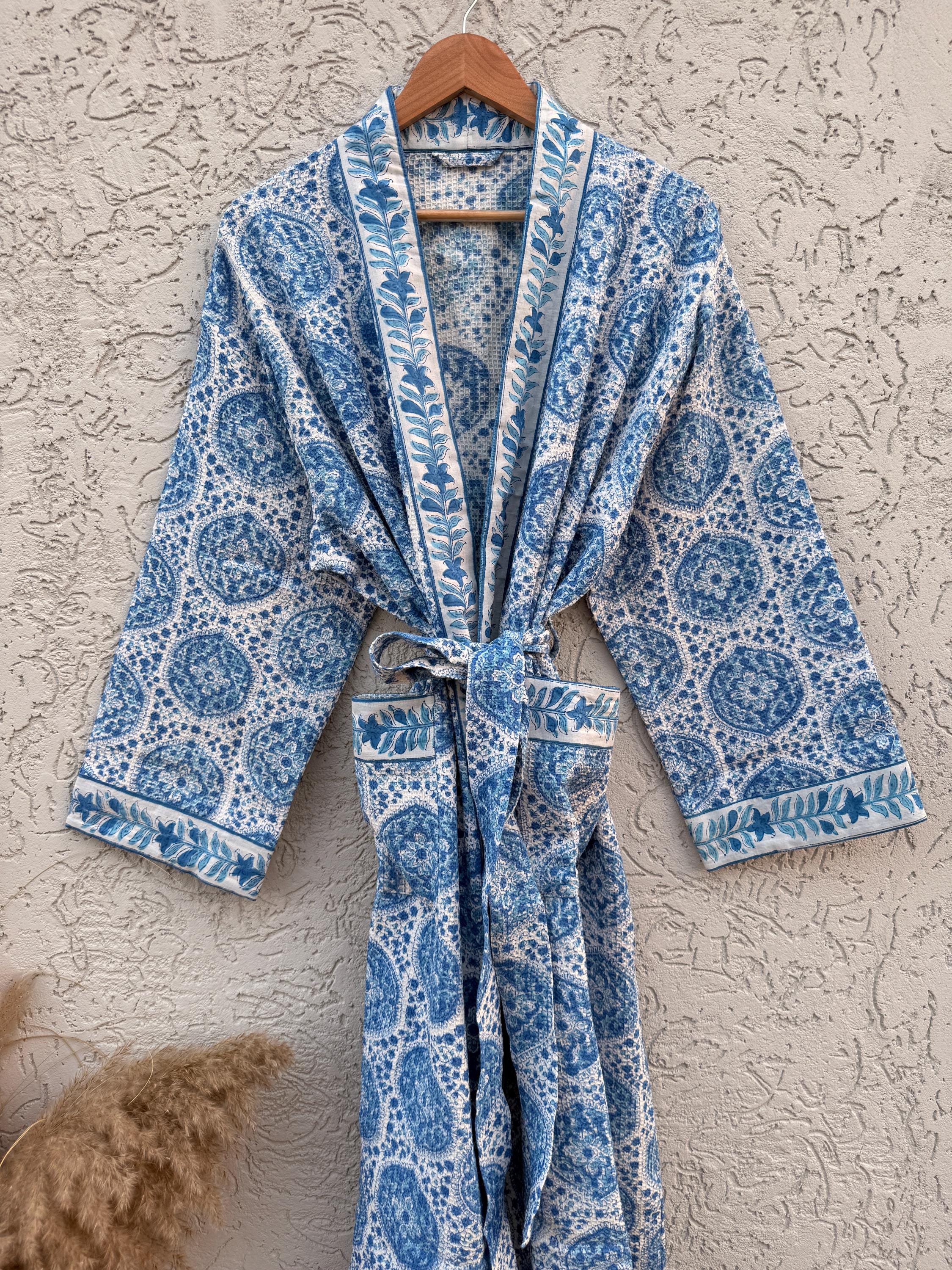Blue & White Block Print Cotton Waffle Bathrobe – Handmade Jaipuri Kimono Robe – Lightweight  Dressing Gown – Bridesmaid Gift – Spa Robe