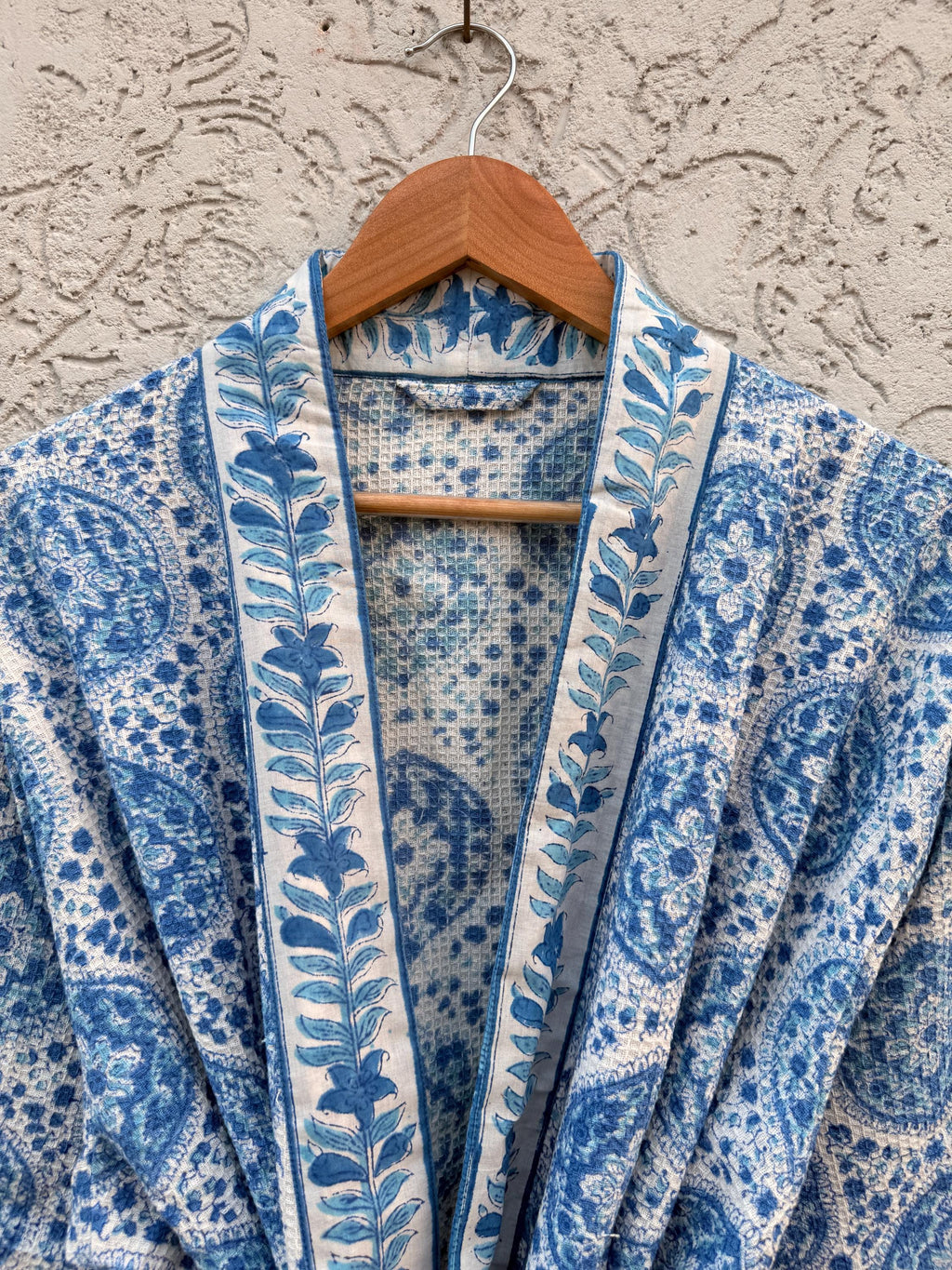 Blue & White Block Print Cotton Waffle Bathrobe – Handmade Jaipuri Kimono Robe – Lightweight  Dressing Gown – Bridesmaid Gift – Spa Robe