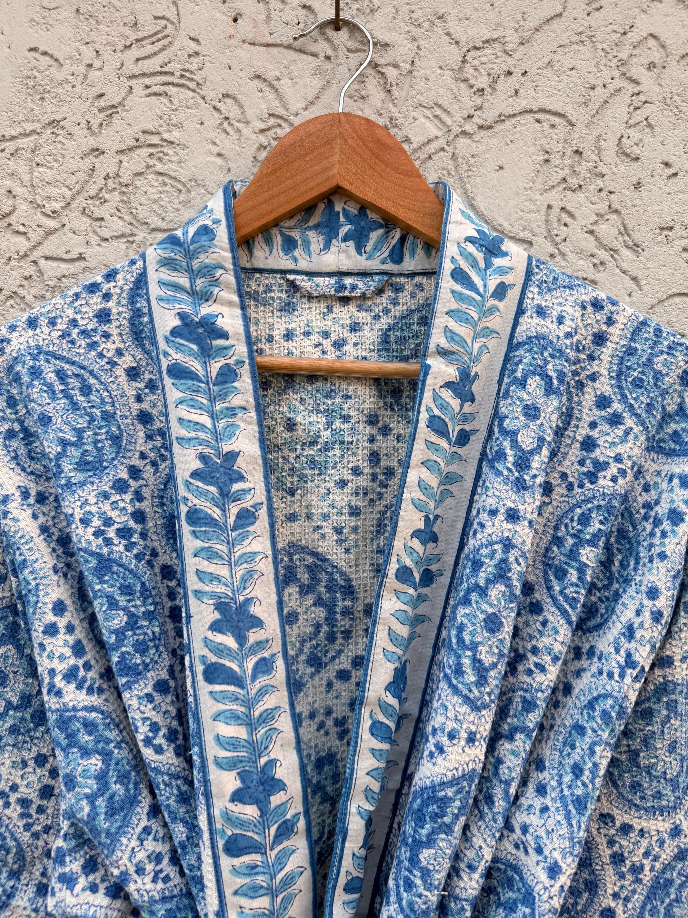 Blue & White Block Print Cotton Waffle Bathrobe – Handmade Jaipuri Kimono Robe – Lightweight  Dressing Gown – Bridesmaid Gift – Spa Robe