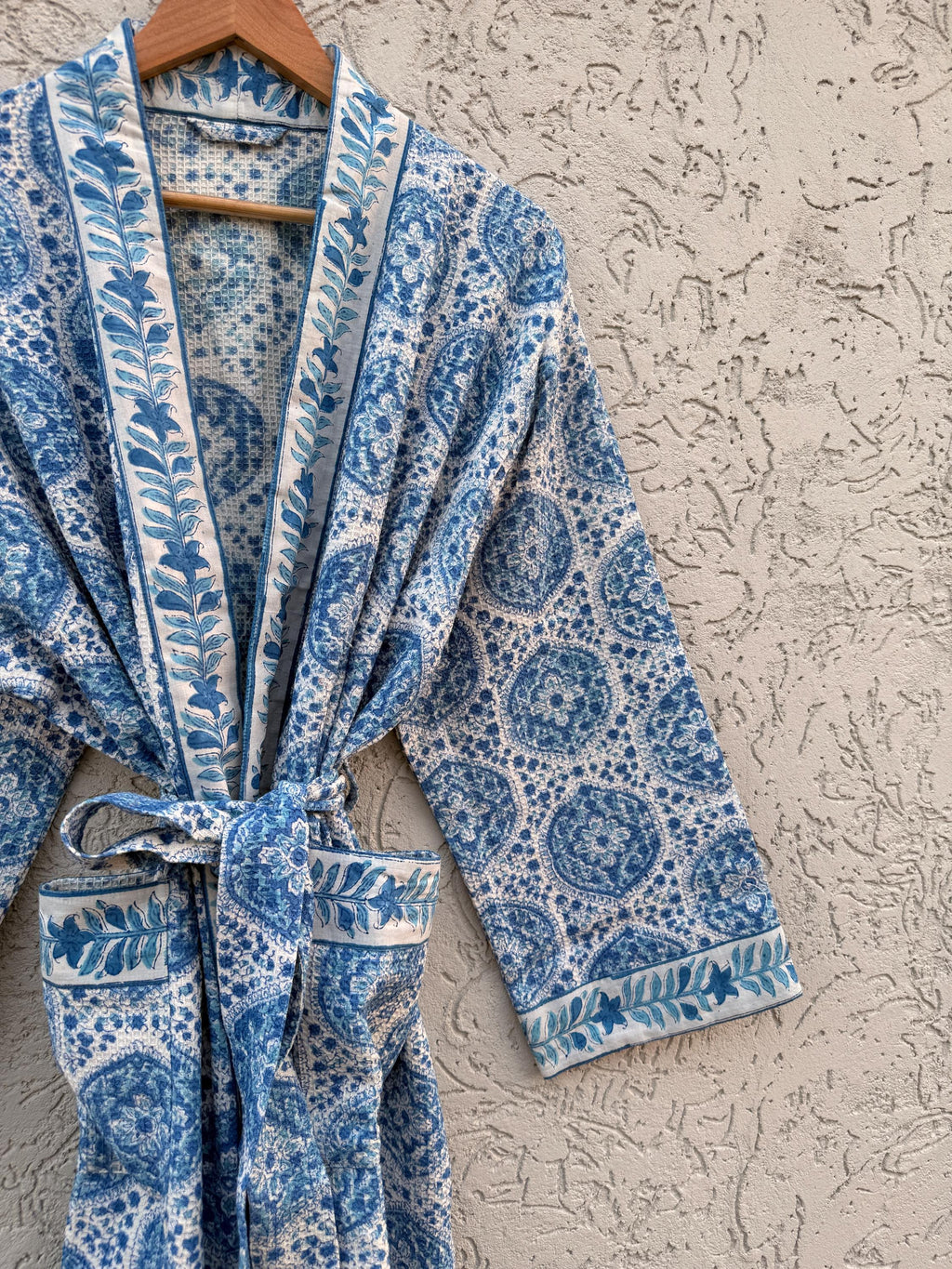 Blue & White Block Print Cotton Waffle Bathrobe – Handmade Jaipuri Kimono Robe – Lightweight  Dressing Gown – Bridesmaid Gift – Spa Robe
