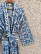 Blue & White Block Print Cotton Waffle Bathrobe – Handmade Jaipuri Kimono Robe – Lightweight  Dressing Gown – Bridesmaid Gift – Spa Robe