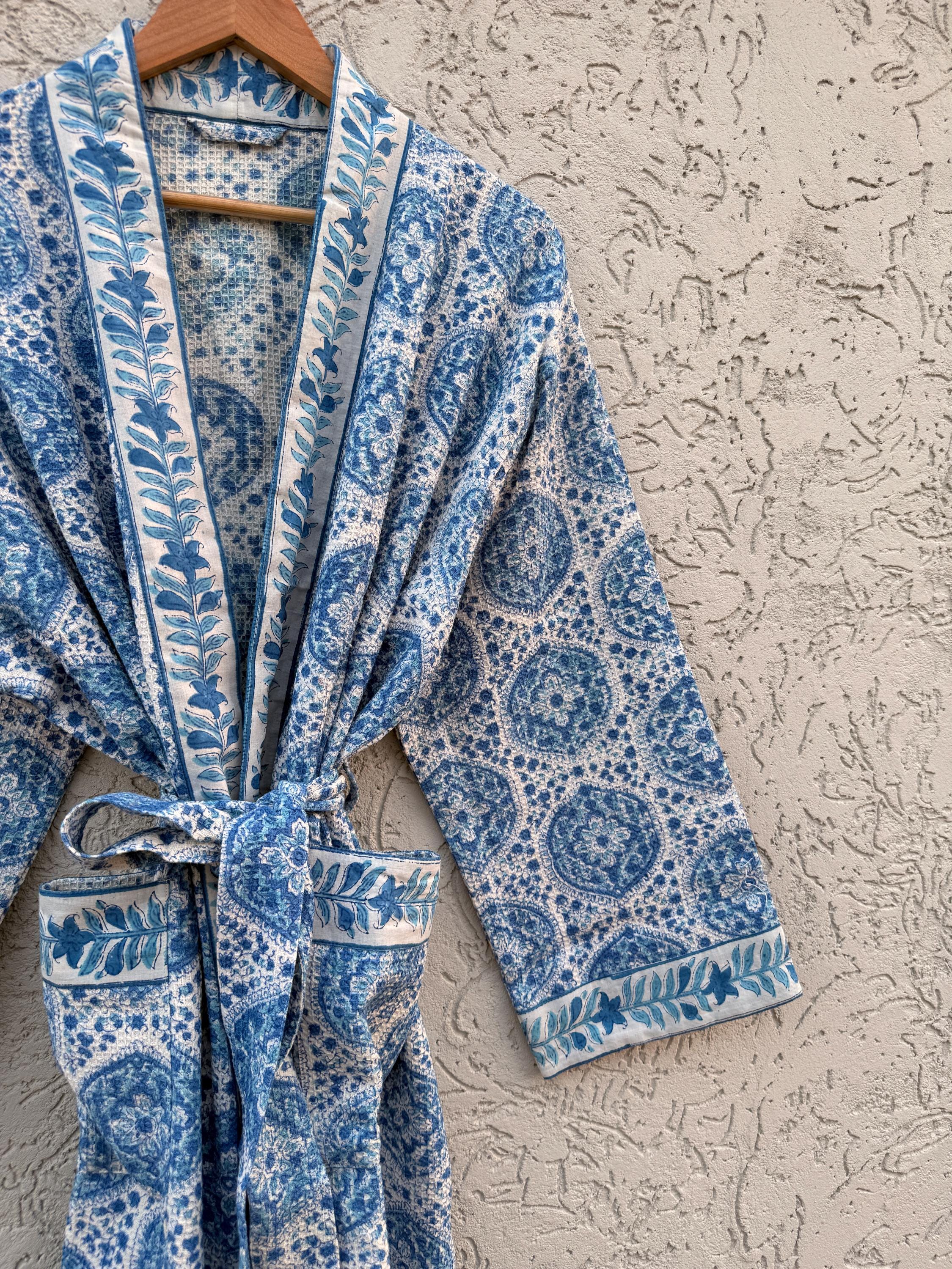 Blue & White Block Print Cotton Waffle Bathrobe – Handmade Jaipuri Kimono Robe – Lightweight  Dressing Gown – Bridesmaid Gift – Spa Robe