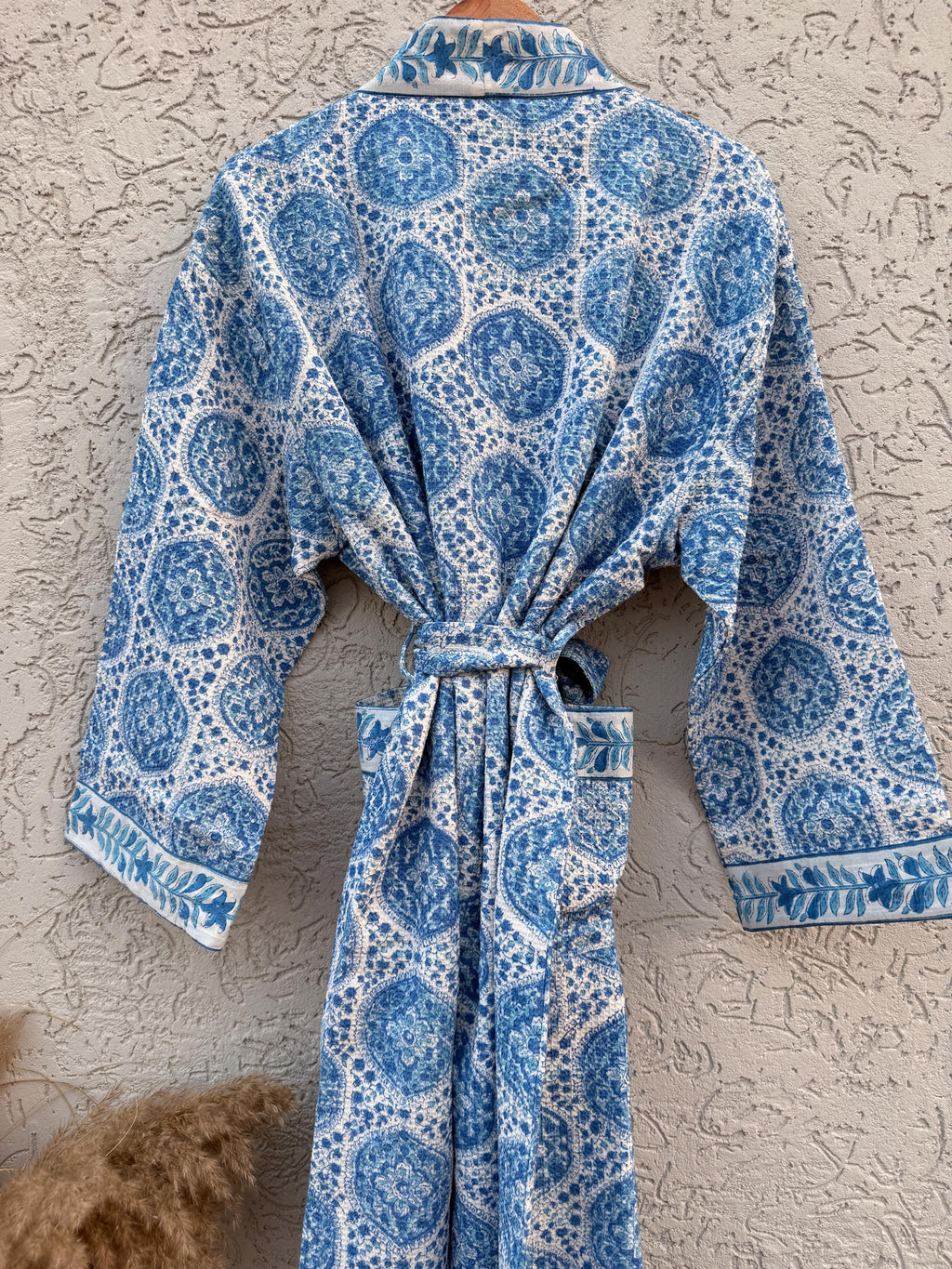 Blue & White Block Print Cotton Waffle Bathrobe – Handmade Jaipuri Kimono Robe – Lightweight  Dressing Gown – Bridesmaid Gift – Spa Robe