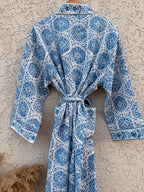 Blue & White Block Print Cotton Waffle Bathrobe – Handmade Jaipuri Kimono Robe – Lightweight  Dressing Gown – Bridesmaid Gift – Spa Robe